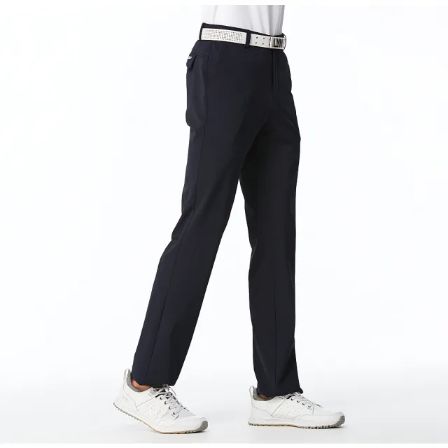 【Lynx Golf】男款日本進口布料素面質感壓紋織帶繡花造型平口微窄管休閒長褲(二色)