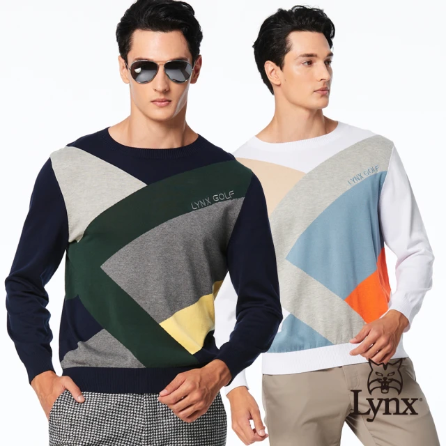 Lynx GolfLynx Golf 男款莫代爾棉材質Lynx字樣繡花幾何跳色造型長袖毛衣(二色)