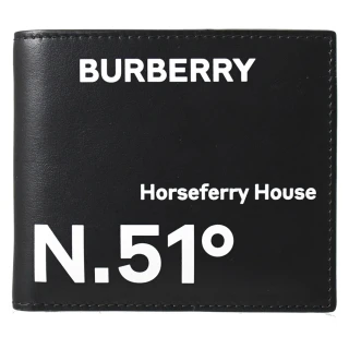 【BURBERRY 巴寶莉】經典LOGO座標壓紋小牛皮雙層對折8卡短夾(黑)