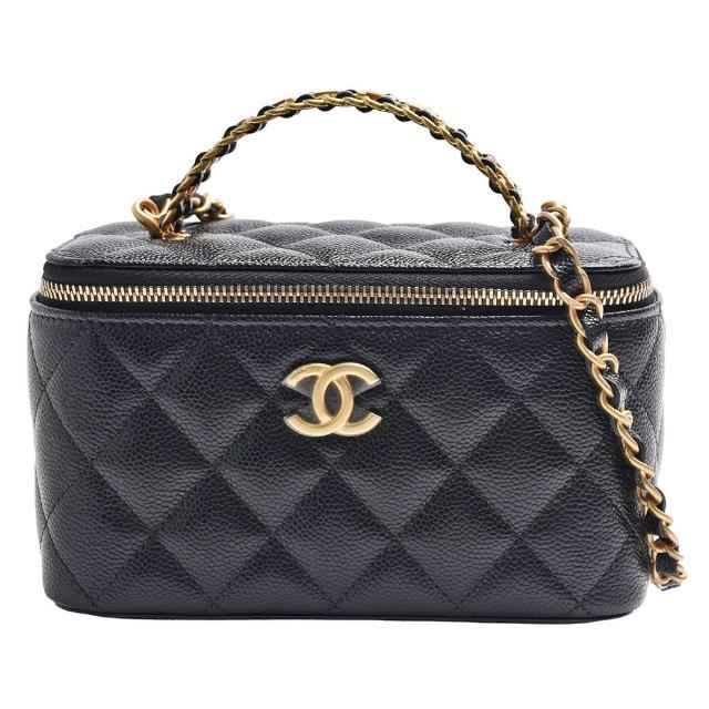 【CHANEL 香奈兒】經典雙C LOGO菱格粒紋牛皮皮革提把手提/斜背化妝包(黑色AP2805C-BLK-GPN)