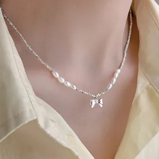【KT DADA】包包 s925純銀項鍊 鍊 蝴蝶結項鍊 串珠項鍊  淡水珍珠項鍊 天然珍珠項鍊 女友禮物 女友生