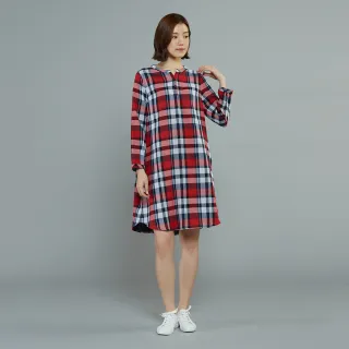 【YVONNE 以旺傢飾】雙層棉格紋長袖洋裝(紅)
