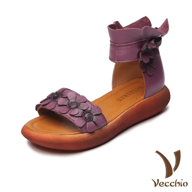 Vecchio 真皮頭層牛皮唯美手工暈色花朵繫帶厚底涼鞋(紫