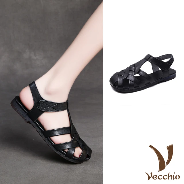 VecchioVecchio 真皮涼鞋 低跟涼鞋/真皮頭層牛皮復古編織T字帶包頭低跟涼鞋(黑)
