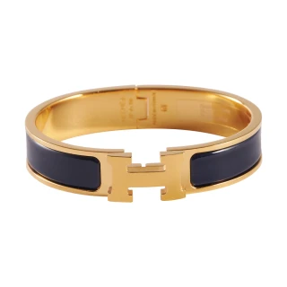 【Hermes 愛馬仕】Clic H bracelet  琺瑯細版手環PM(深藍/金釦)