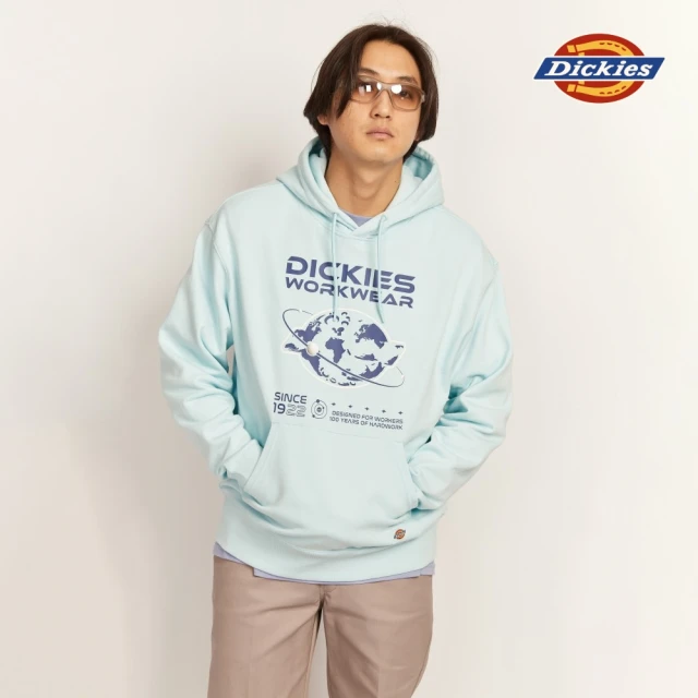 Dickies 男款冰藍色純棉胸前大Logo印花休閒連帽大學T｜DK011038D69