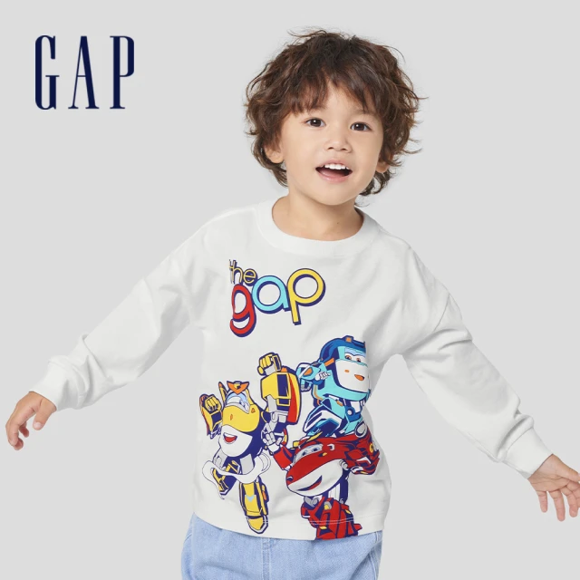 GAPGAP 男幼童裝 Gap x Super Wings聯名 Logo純棉印花圓領長袖T恤-白色(765857)