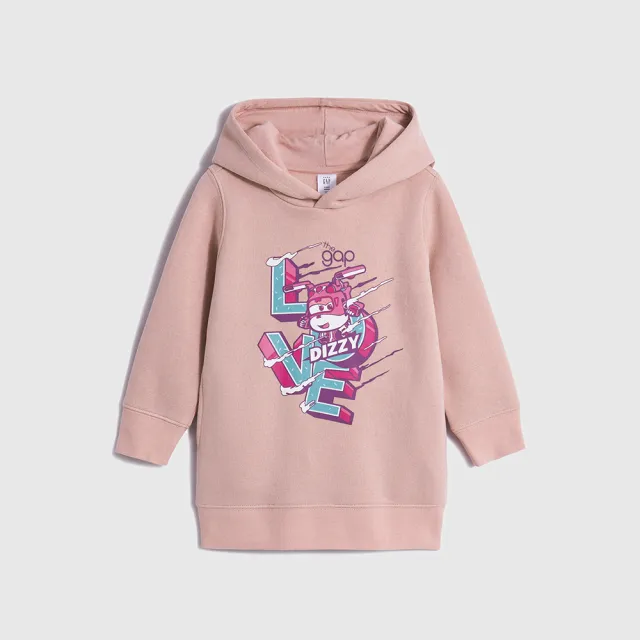 【GAP】女幼童裝 Gap x Super Wings聯名 Logo印花連帽長袖洋裝-粉色(771414)