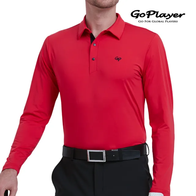 【GoPlayer】出清特價 男彈性快乾長袖上衣-藏青.紅(高爾夫長袖T恤球衫 Polo運動排汗速乾Golf球衣)
