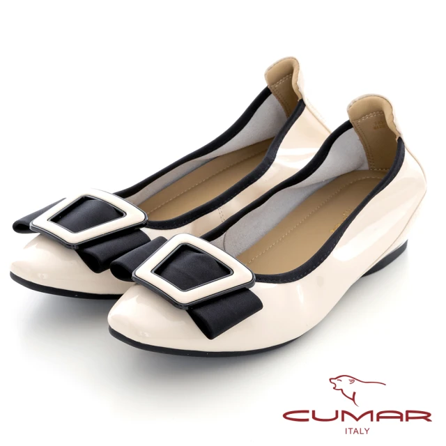CUMARCUMAR 軟漆皮配色飾釦內增高平底鞋(米白色)