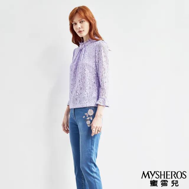 【MYSHEROS 蜜雪兒】棉質上衣 抓皺小立領 蕾絲雙層(淺紫)
