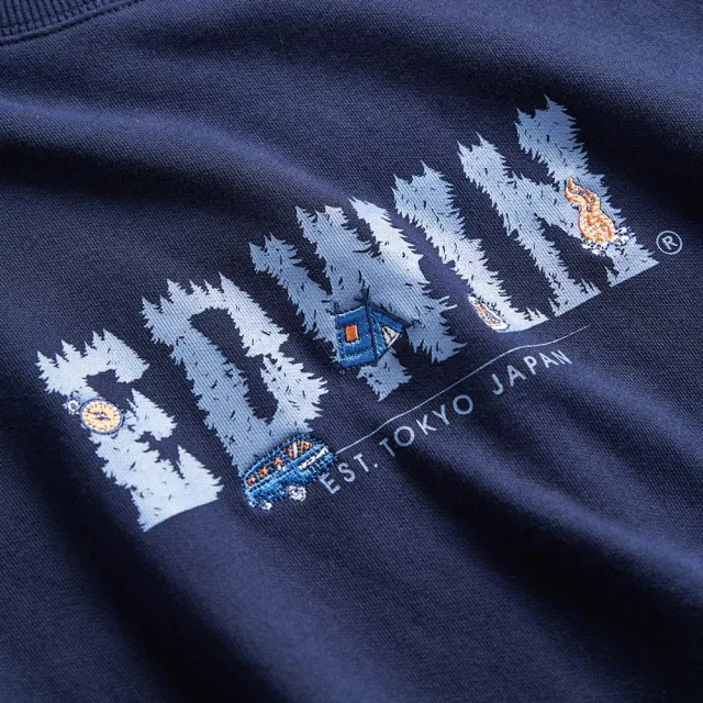 【EDWIN】男裝 露營系列 森林LOGO寬版厚長袖T恤(丈青色)