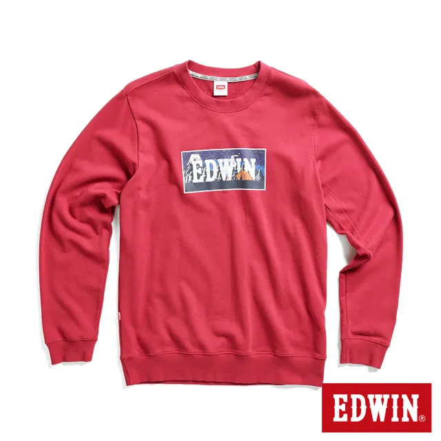 【EDWIN】男裝 露營系列 富士山營地BOX LOGO厚長袖T恤(暗紅色)