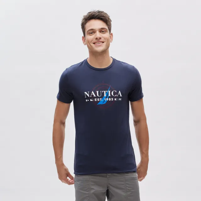 【NAUTICA】男裝 撞色LOGO圖騰短袖T恤(深藍)