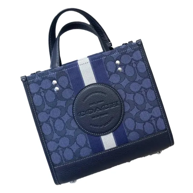 COACH】COACH Dempsey Tote 22 緹花拼皮革二用托特包兩色可選藍色.紅木