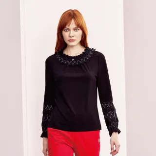 【MYSHEROS 蜜雪兒】素色T恤 鬆緊銀蔥蕾絲花邊領 簍空蕾絲袖(黑)