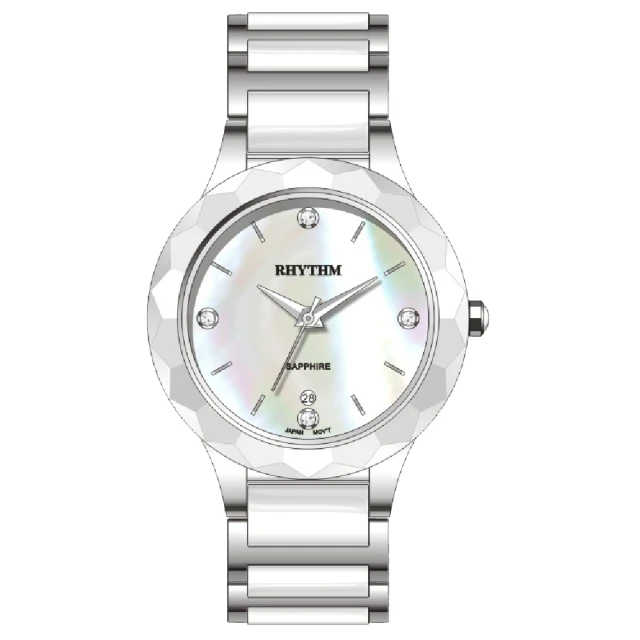【RHYTHM 麗聲】簡約設計多貝殼面日期顯示陶瓷不鏽鋼女錶-F1206(貝殼面 簡約時尚)
