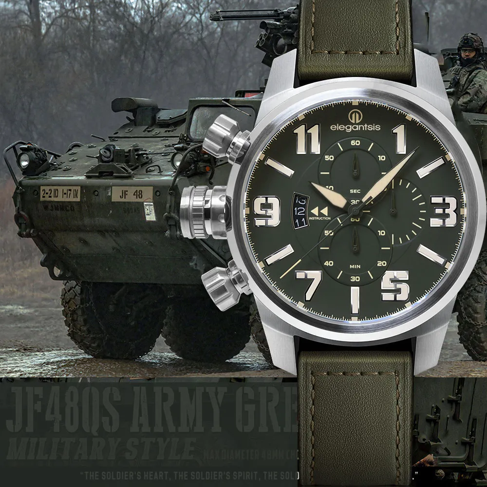 【elegantsis 愛樂時】陸海空三軍-陸軍綠 大錶徑三眼計時手錶-48mm(ELJF48QS-OG05LC)