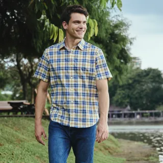 【NAUTICA】男裝 經典格紋短袖襯衫(黃藍)