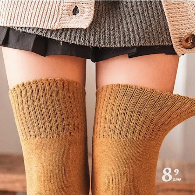 【89 zone】日系全棉加絨加厚保暖 女襪 長筒襪 高筒襪 過膝襪 1 雙(黑/淺灰/卡其/咖啡/黃/紅/深灰/綠/米)