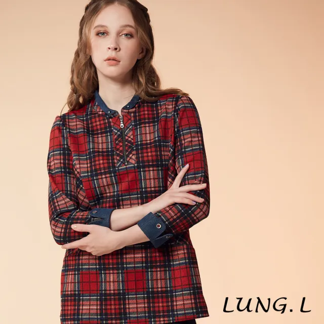 【LUNG.L 林佳樺】LN10A 紅色格紋拼接牛仔長袖上衣(女裝)