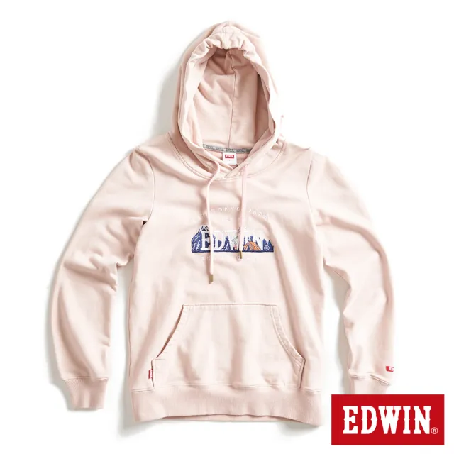 【EDWIN】女裝 露營系列 富士山刺繡LOGO連帽長袖T恤(淺粉紅)