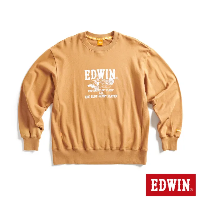 【EDWIN】男裝 橘標 摔角手E君摔角技寬版厚長袖T恤(土黃色)