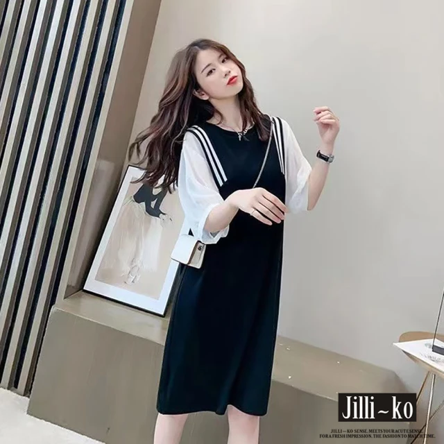 【JILLI-KO】假兩件拼接寬鬆顯瘦連袖連衣裙-F(黑)