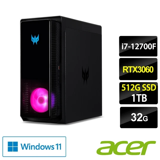 ACER 宏碁Acer 宏碁 福利品 i7獨顯RTX電競電腦(PO3-640/i7-12700F/32G/1TB+512G SSD/RTX3060 12G/W11)
