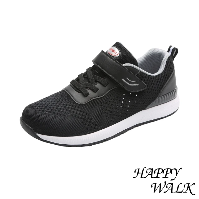 HAPPY WALKHAPPY WALK 透氣縷空彈力飛織魔鬼粘防滑機能休閒運動鞋(黑)
