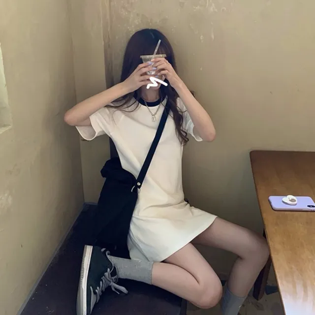 【D.studio】韓版小個子顯瘦休閒中長款連衣裙(洋裝 套裝 連身裙 短袖上衣 短袖t恤 女裝 S203)