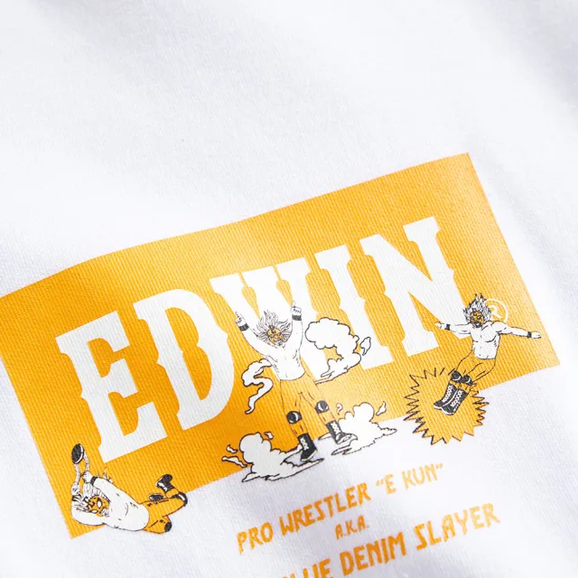【EDWIN】男裝 橘標 摔角手E君摔角招式寬版長袖T恤(白色)