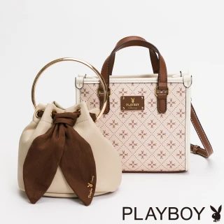 【PLAYBOY】方形手提包附長背帶 Oat milk 燕麥奶兔兔系列(卡其色)