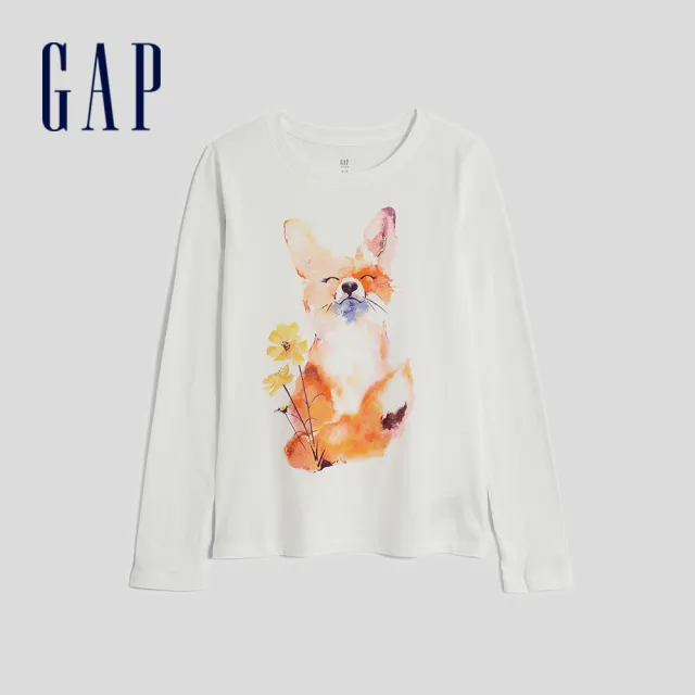 【GAP】女童裝 Logo/印花純棉圓領長袖T恤-白色(788250)