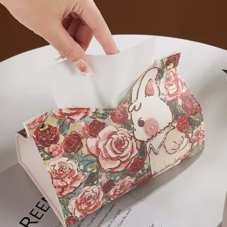 【古典莊園】玫瑰兔子皮革紙巾套(居家裝飾 復古 車載 造型衛生紙盒 紙巾盒 面紙套 廁紙 抽紙盒)