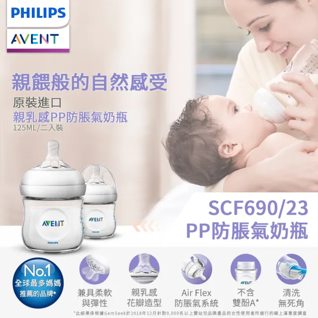 【PHILIPS AVENT】親乳感PP防脹氣奶瓶125ml雙入組 奶嘴0月+(SCF690/23)