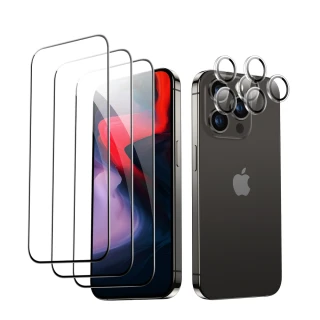 【ESR 億色】iPhone 15 Pro 滿版黑邊高清鋼化玻璃保護貼3片裝 贈貼膜神器1入+獨立鏡頭膜2組