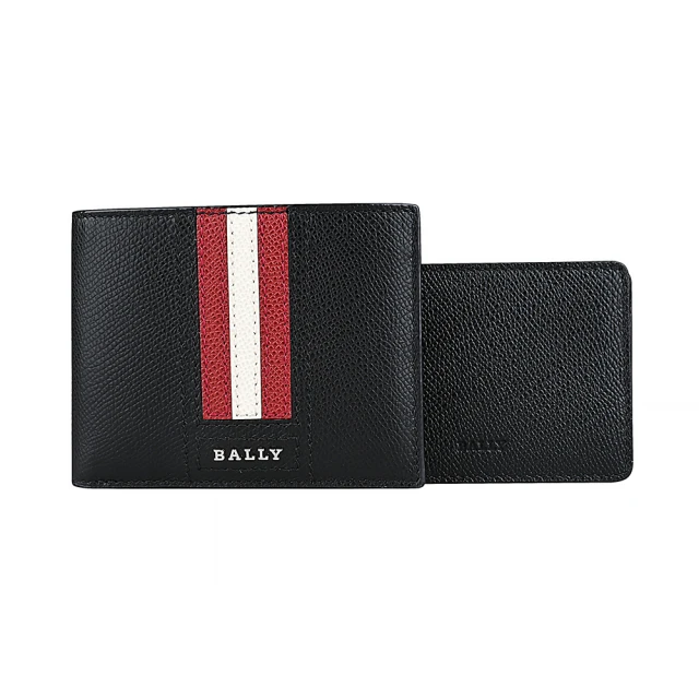 BALLY Tydan系列銀字LOGO紅白條紋荔枝紋牛皮6卡對折短夾(黑)