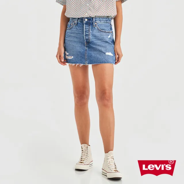 【LEVIS 官方旗艦】女款 高腰排釦牛仔迷你裙 / 精工刷破磨損工藝 / 不收邊裙擺 熱賣單品 A4694-0002