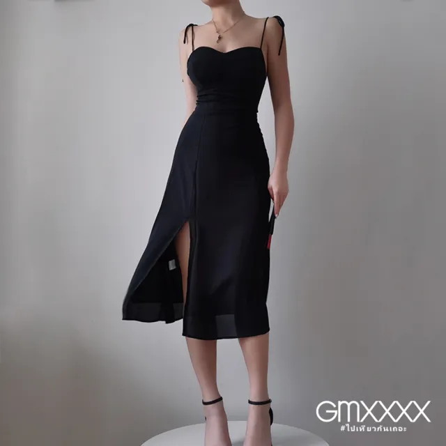 【Gmxxxx】法式純黑雪紡顯瘦綁帶長洋裝