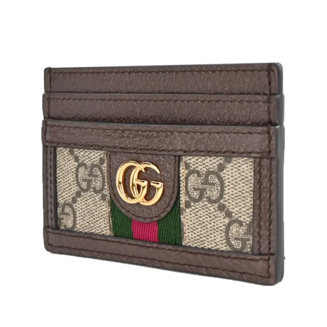 【GUCCI 古馳】經典Ophidia GG帆布拼接皮革卡片夾(卡其棕)