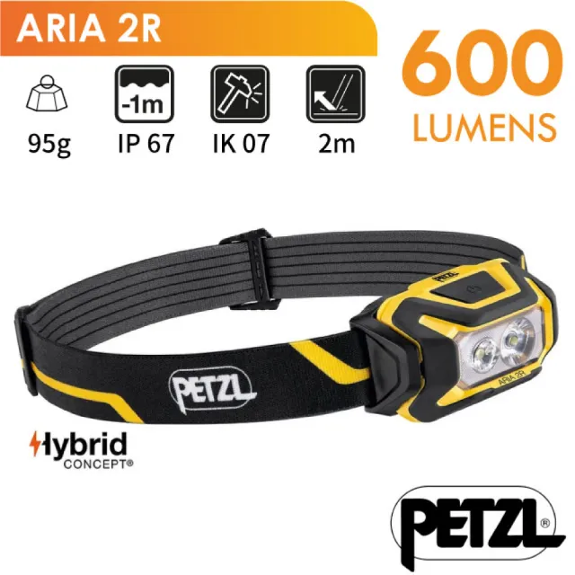 【法國 Petzl】ARIA 2R 超輕量頭燈600流明.含鋰電池.IPX67防水.LED頭燈.電子燈(E071AA00 黑黃)