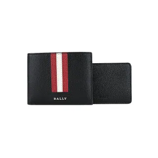【BALLY】Tydan系列銀字LOGO紅白條紋荔枝紋牛皮6卡對折短夾(黑)