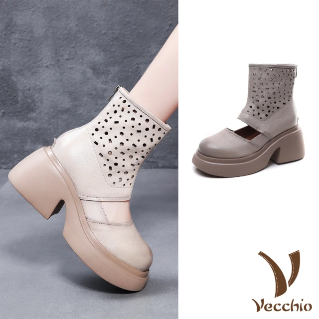 VecchioVecchio 真皮涼鞋 厚底涼鞋/全真皮頭層牛皮幾何縷空沖孔時尚粗跟厚底羅馬涼鞋(米)