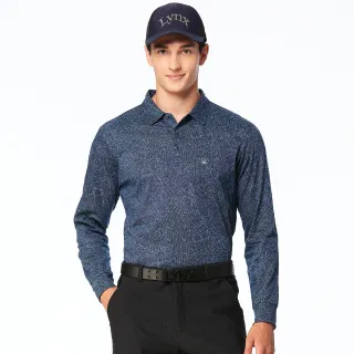 【Lynx Golf】男款歐洲進口布料純棉絲光滿版幾何線條造型胸袋款長袖POLO衫(深藍色)