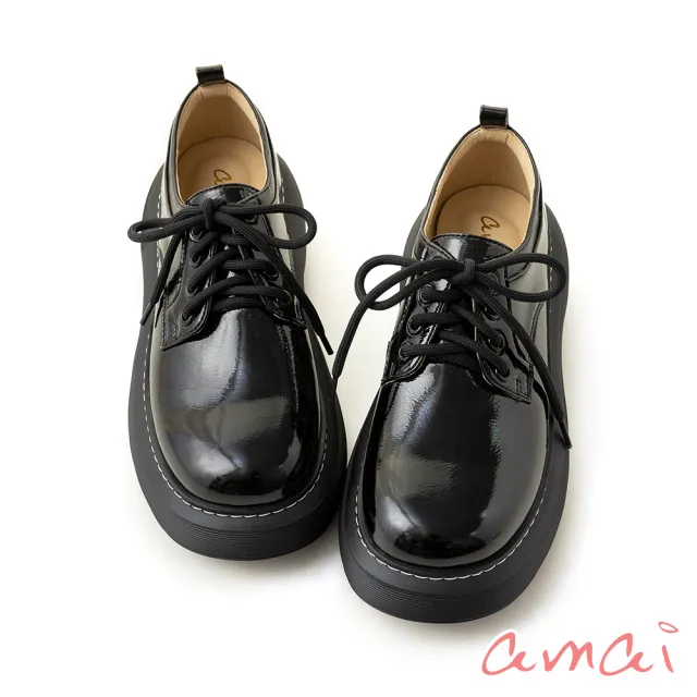 【amai】時尚質感漆皮厚底樂福鞋 休閒鞋 鬆糕鞋 厚底鞋 樂福鞋 學院風 百搭 氣質 大尺碼 GC63BK(黑色)