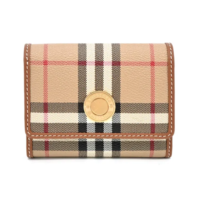 【BURBERRY 巴寶莉】浮雕LOGO格紋皮革小型三折短夾(卡其)