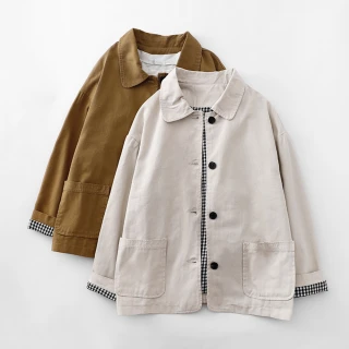 【ACheter】純色棉質短款外套顯瘦單排扣文藝反摺格長袖短版#119326(米白/卡其)