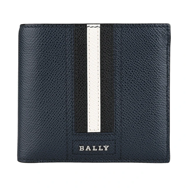 BALLY BALLY Trassai LT金屬銀字LOGO防刮牛皮直條紋設計8卡對開短夾(新藍)