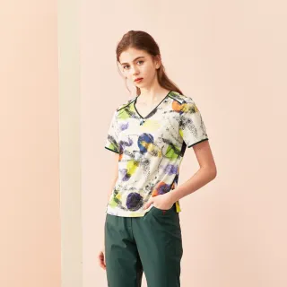 【MYSHEROS 蜜雪兒】圓領上衣 小鑽飾 包邊微彈 繽紛印花(米)